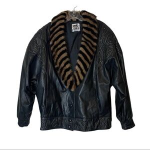 SAGA Mink Sz L Mink Collar Leather Studded Black Jacket